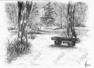 Houtskooltekening Bench in Winterpark